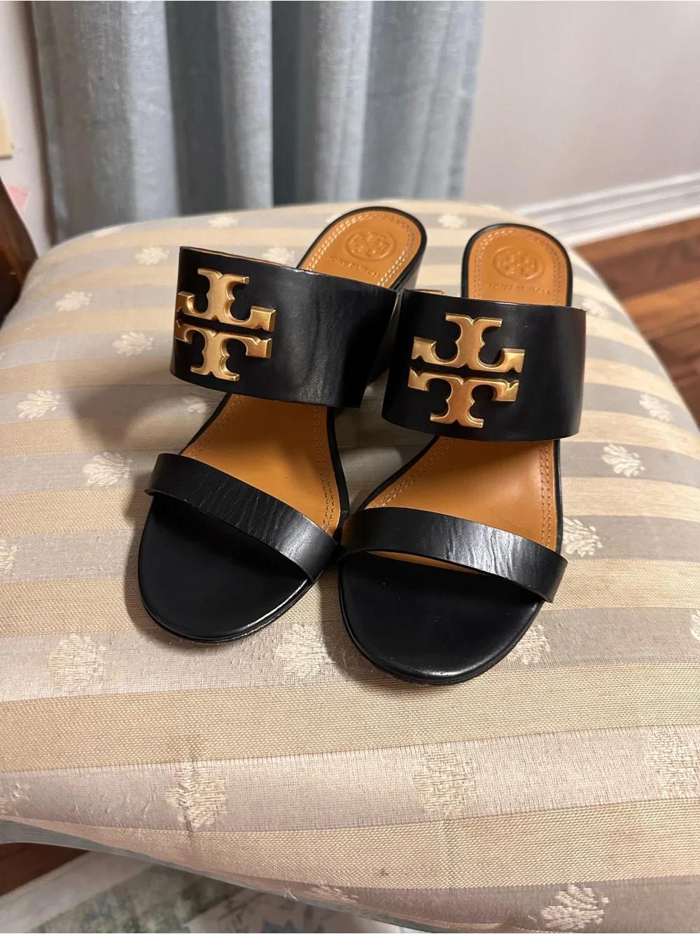 Tory Burch Black Leather Slide Sandals with Gold Logo Medallions
